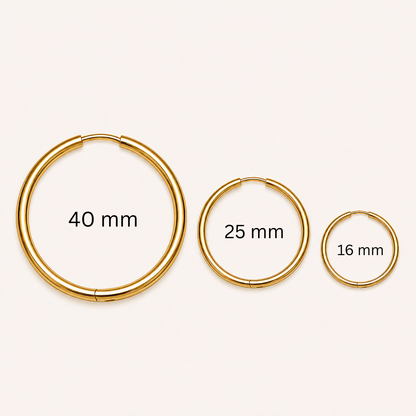 Goldfarbene Titan-Creolen mit 16, 25 und 40 mm Durchmesser