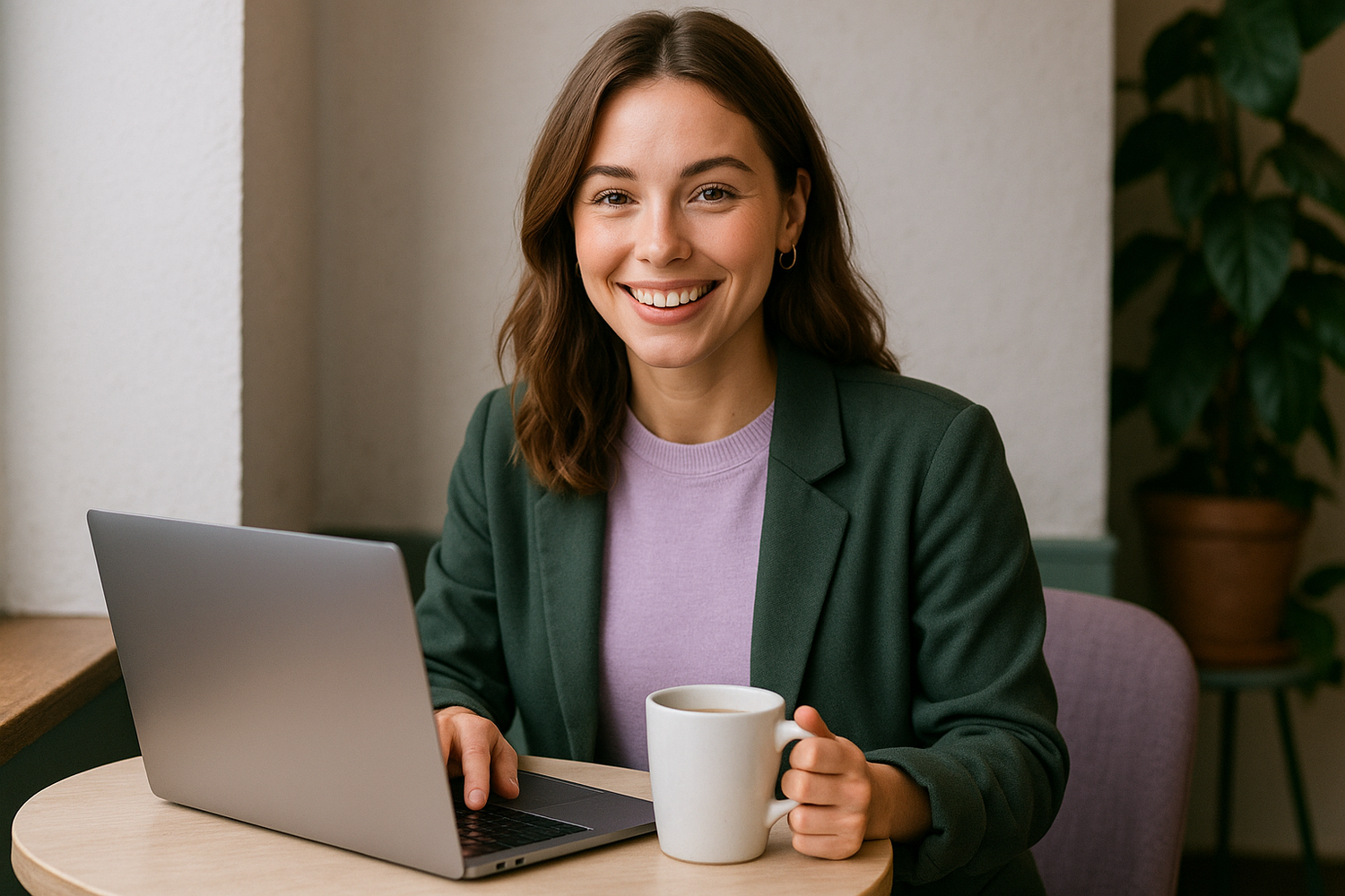 Freundliche junge Frau Mitte 20 mit Laptop und Kaffee in urbanem Café – symbolisiert persönlichen, unkomplizierten Kontakt bei TAVON Schmuck aus Titan, nahbar und modern.