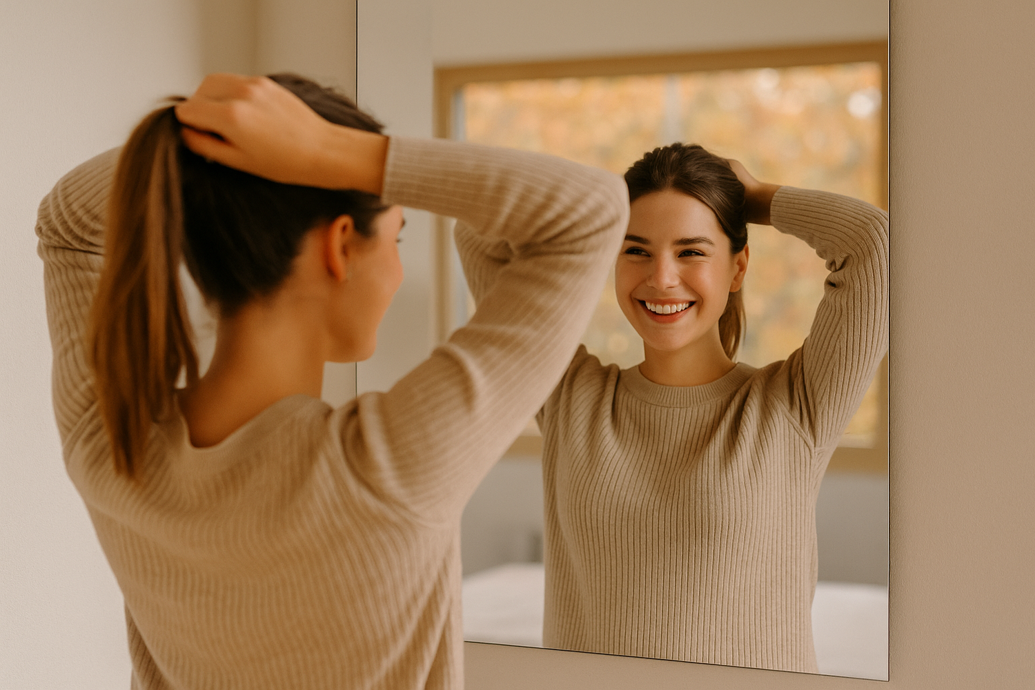 Junge Frau lacht vor dem Spiegel – natürliche Morgenroutine, Symbol für alltagstauglichen Titan-Schmuck von TAVON